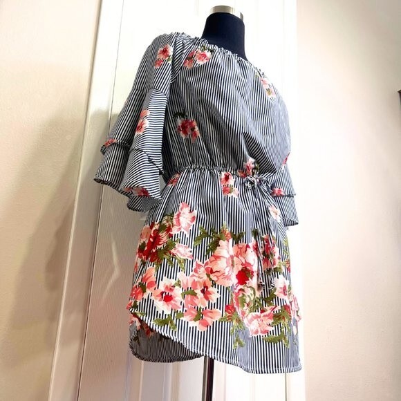 Women's Striped Floral Pattern Mini Dress Off Shoulder Size Large - Picture 7 of 15
